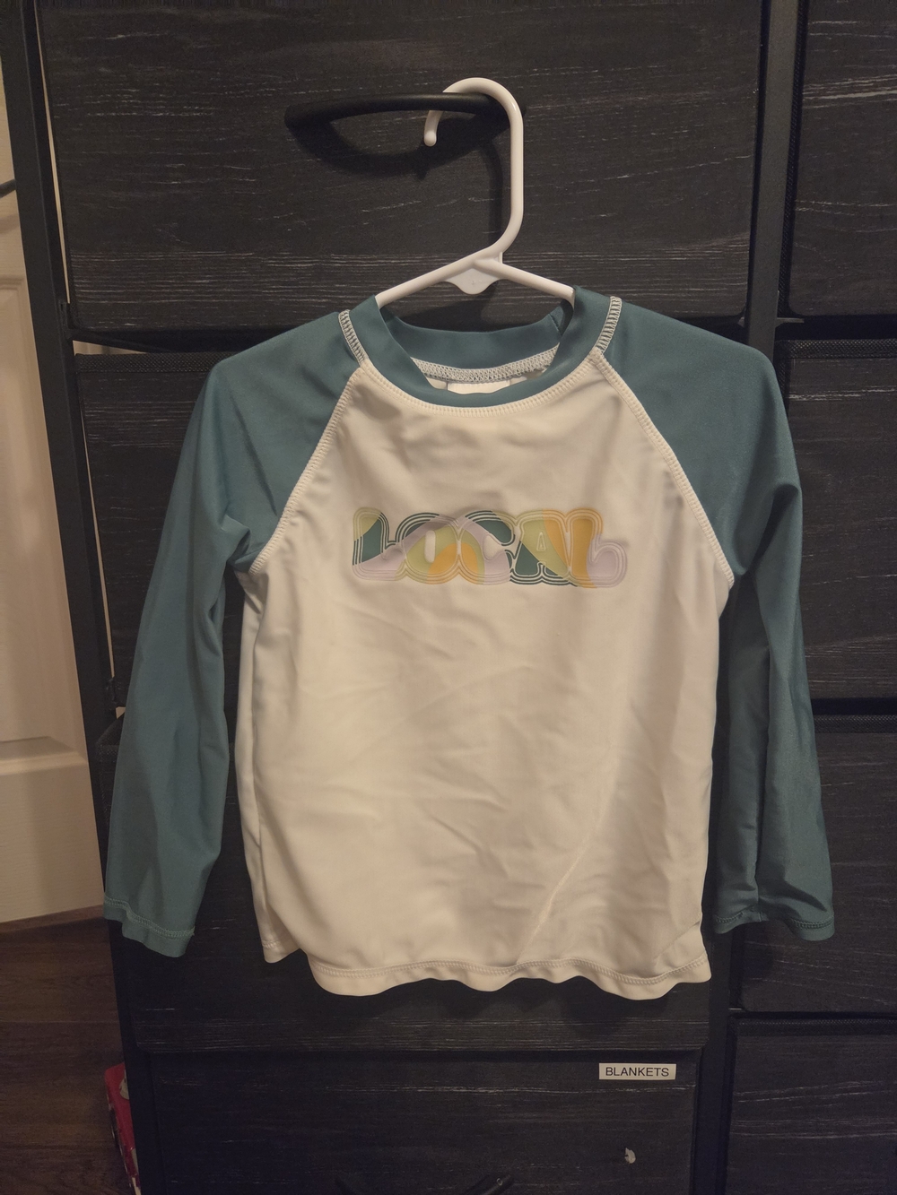 Kids White Rash Guard with Green Raglan Sleeves 3T